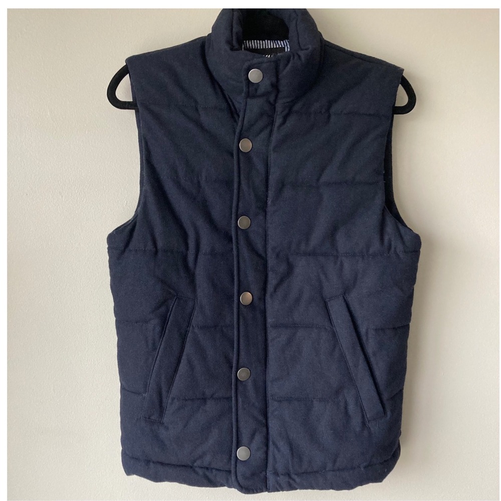 H&M Mens Wool Blend Puffer Vest Navy Blue Quilted Pinstripe Lining XS 0308922 4